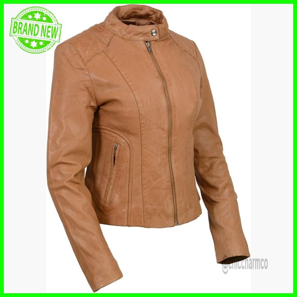 Women's Leather Motorcycle Jacket With Zipper Pockets And Lining